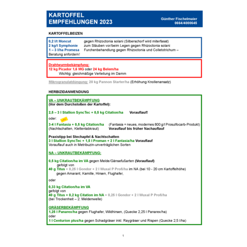 Spritzplan Kartoffel 2023 - Fischelmaier 