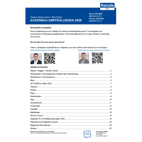 Ackerbau-Empfehlungen 2026 - Weinviertel/Marchfeld