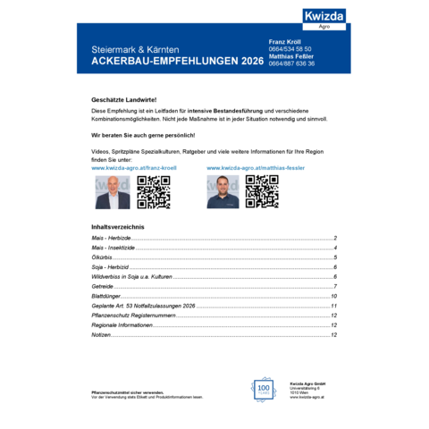 Ackerbau-Empfehlungen 2026 - Steiermark & Kärnten